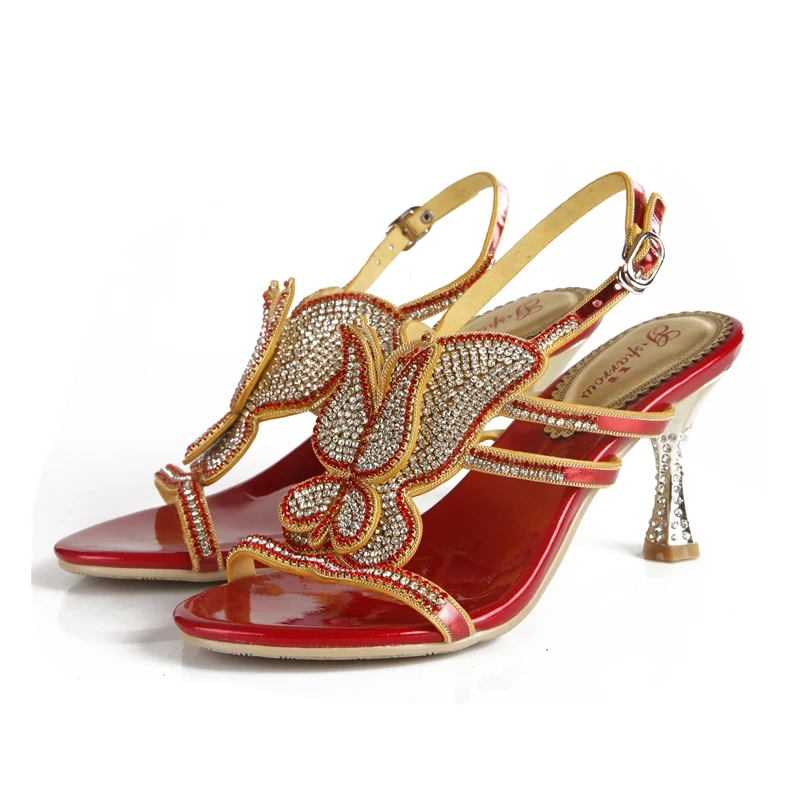 

2019 New Fashion Wild Open Toe Passion Red Cup Type Heel Sandals Retro Boho Style High Heel Butterfly Pattern Rhinestone Sandals