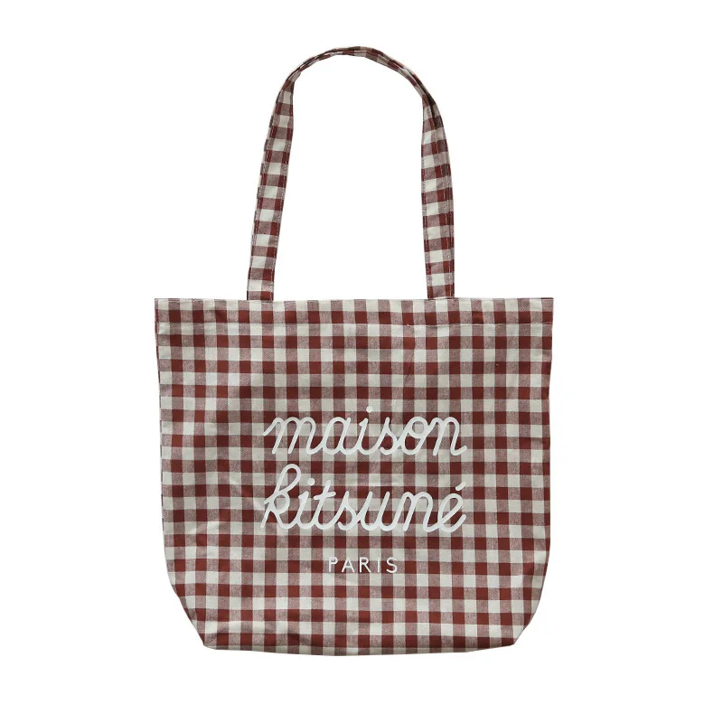 Тонкая хлопковая эко сумка тоут для покупок в клетку черная коричневая красная 3