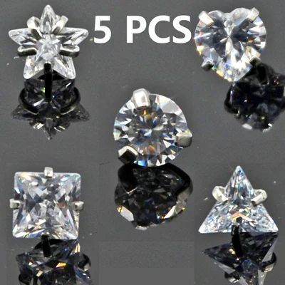Mixed 5 Designs BOG-5PCS горячая Распродажа Круглый Звезда Сердце квадратный треугольник смешанный Серебряный Украшение с цирконием Ушной Хрящ Пирсинг для ушей, тела Jewelry16g - Окраска металла: Mixed 5 Designs