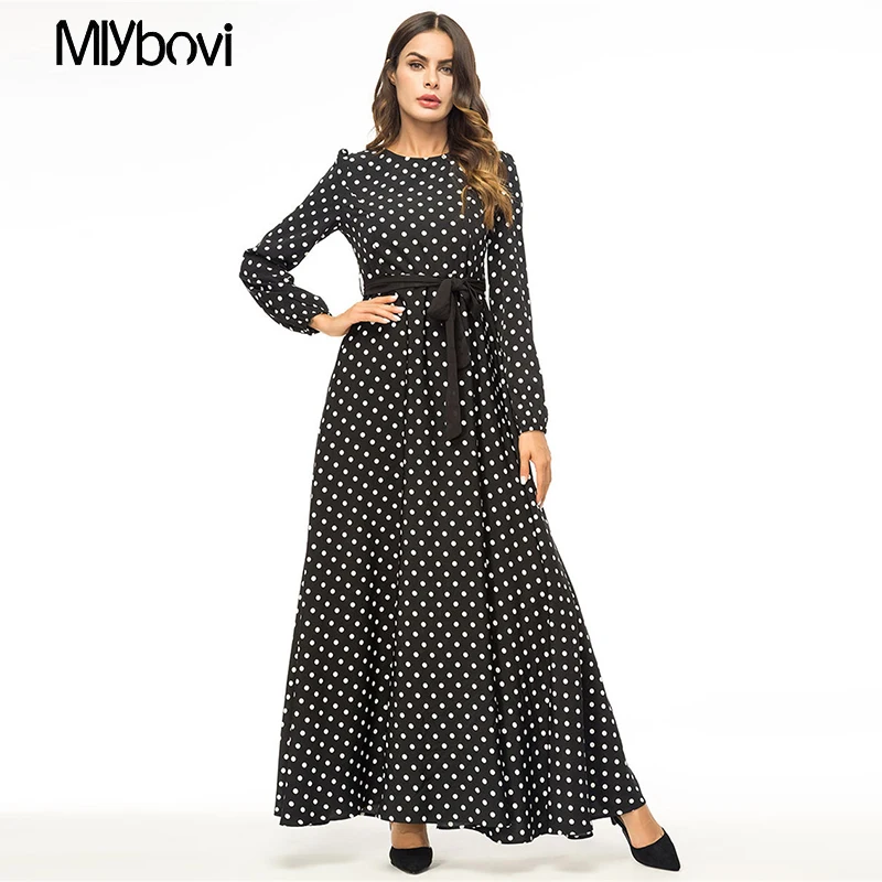 Женское мусульманский с длинным рукавом Длинное Макси платье в горошек 2018