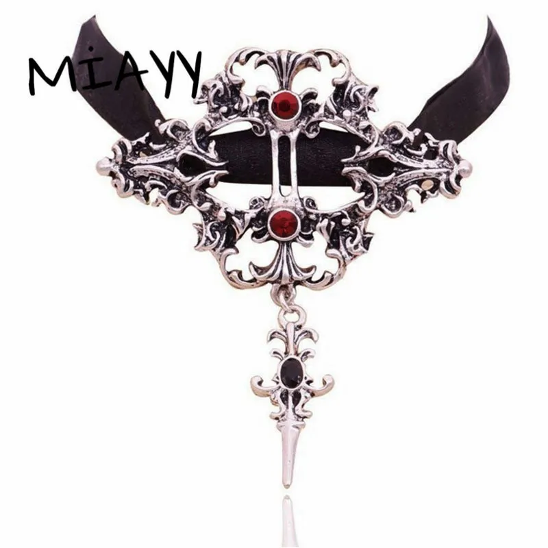 Neo-Gothic Halloween Punk Pendant Necklace For Women Black Lace Cross Red Green Crystal Chokers Gift Vampire Costume | Украшения и