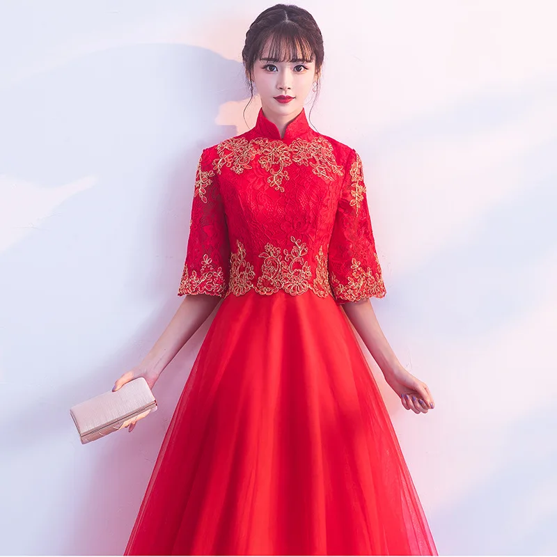 Модное кружевное платье Ципао в Корейском стиле с коротким рукавом Cheongsam Goddess 2018
