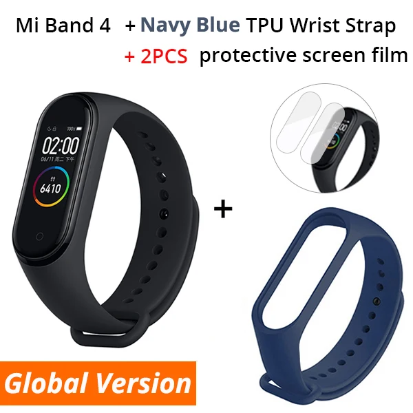Xiaomi mi смарт-браслет 4, 3 цвета, AMOLED экран, mi Band 4, фитнес-браслет, Bluetooth, Smartband - Цвет: Add Navy Blue Strap