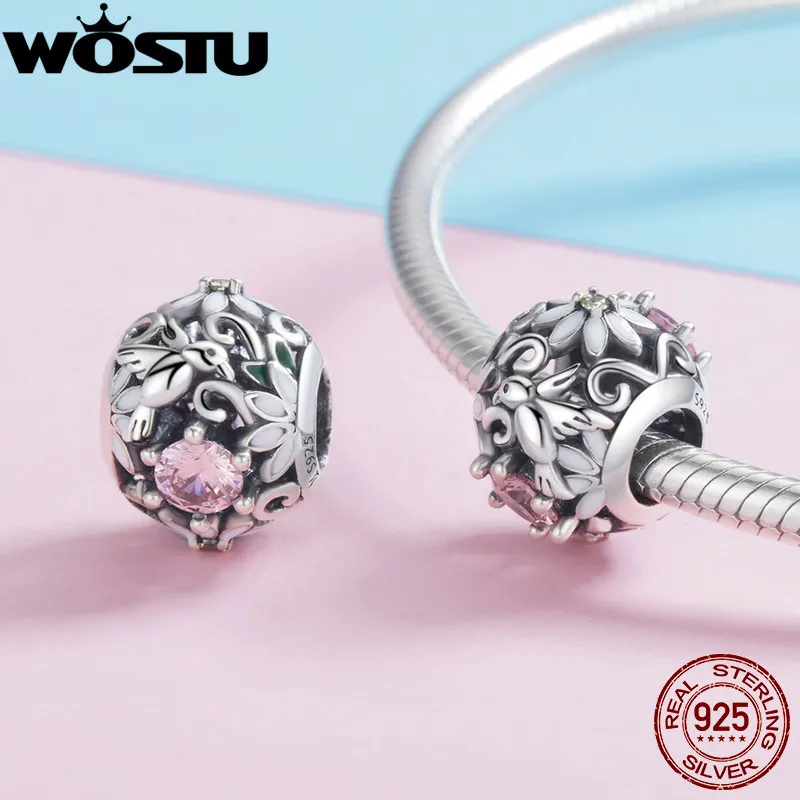 WOSTU 925 пробы Серебряный цветок кусты, Розовый CZ Шарм бусины для оригинального DIY браслет ювелирных изделий Аксессуары подарок CQC939