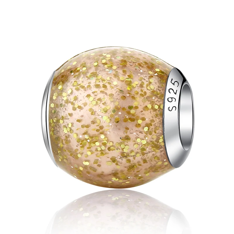 Rose Gold Бусины из стерлингового серебра 925, очаровательные блестящие шаровые амулеты, розовое золото, эмаль, подходят для браслетов Pandora, Женские Ювелирные изделия Diy - Цвет: Rose Gold