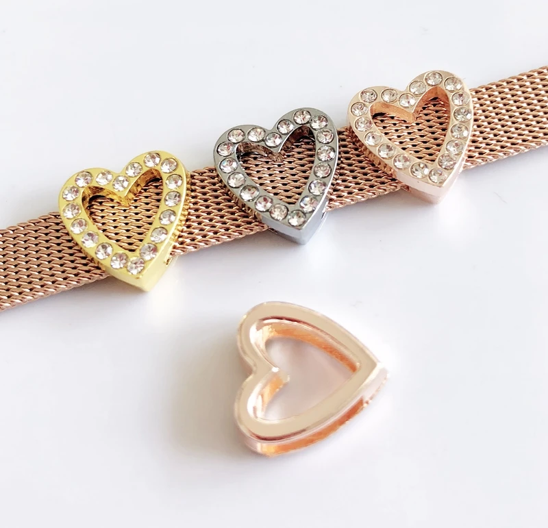 10PCs DIY accessory 8mm Full Rhinestone Hollow Heart slide Charms Beads Fit 8MM Dog Cat Collar Belt Wristband Bracelets | Украшения и