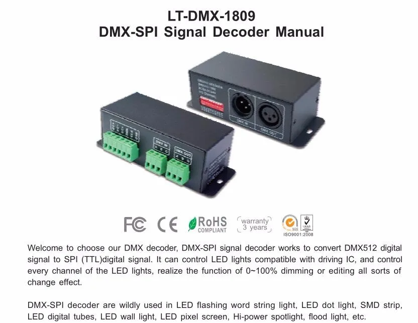Светодиодный контроллер LT-DMX-1809 DMX декодер; DMX-SPI сигнальный преобразователь, поддержка TM1804/TM1809/WS2811/WS2812B и т. д