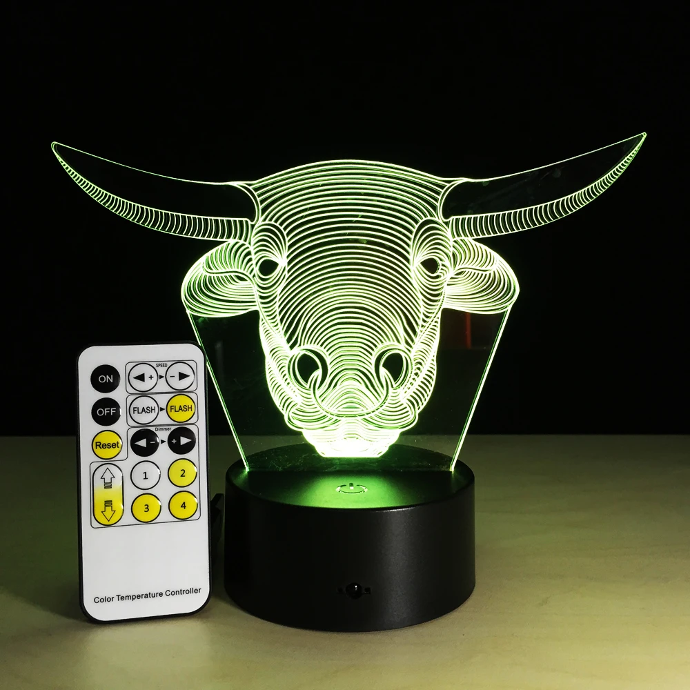 Светодиодная лампа с 3D рисунком животного быка корова USB 7 цветов|Ночники| |