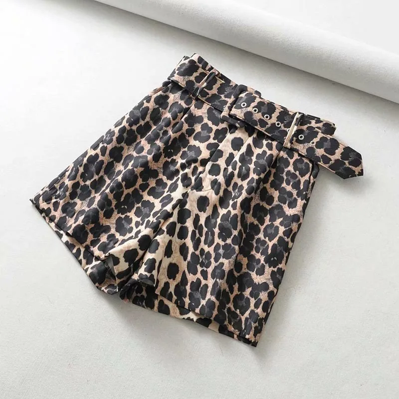 KZ181 European Design High Waist With Belt Leopard Shorts Women Chic Match All Shorts