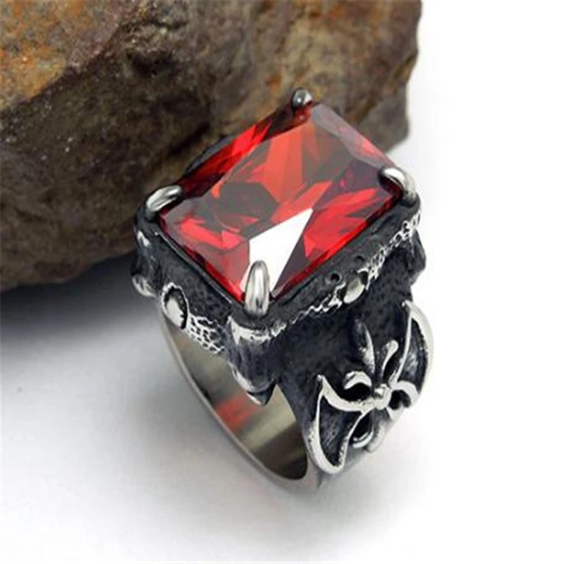 New Punk Style Red Glass Ring Men's Vintage Jewelry High Quality Big Square Stones Finger Rings For Man Titanium Steel | Украшения и