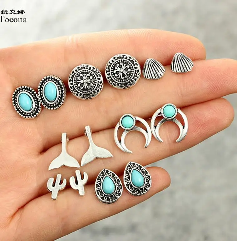 4629-silver Tocona, 25 стилей, винтажные сережки-гвоздики Серебряного и золотистого цветов, наборы, сережки в форме сердца, алимальные капли воды, в виде ракушки, в виде листьев, геометрические женские ювелирные изделия - Окраска металла: 4629-silver