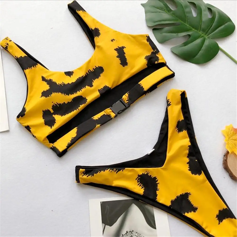 Yellow Print 13 цветов,, леопардовое бикини, высокая талия, женский купальник, женский купальник, два предмета, бикини, набор, высокая талия, купальный костюм, V744 - Цвет: Yellow Print