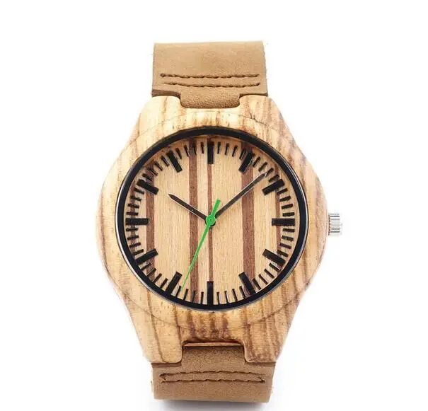 leather band Бобо птица v-k28 Зебра древесины wristwant мужские Стиль дерево циферблат зеленый вторая рука кварцевые часы древесины/кожаный ремешок в подарочная коробка - Цвет: leather band