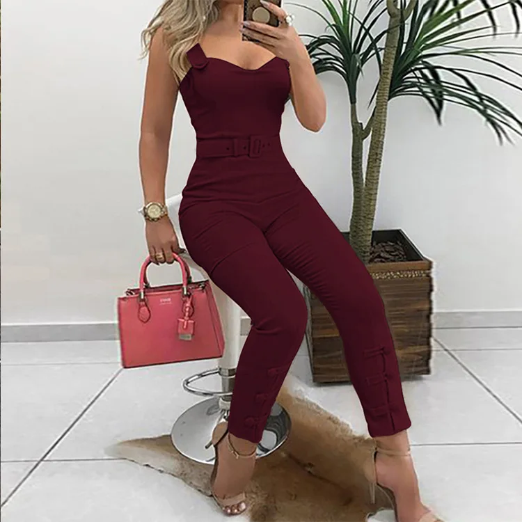 wine red Офисный женский элегантный комбинезон для отдыха, облегающий Облегающий комбинезон с v-образным вырезом без рукавов, повседневный комбинезон с тонкими лямками и пуговицами, летние комбинезоны - Цвет: wine red