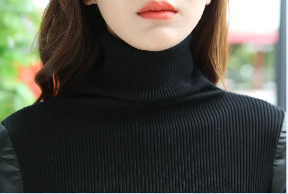 Высокое качество Новый дизайн Женская мода pu рукав свитер осень и зима водолазка