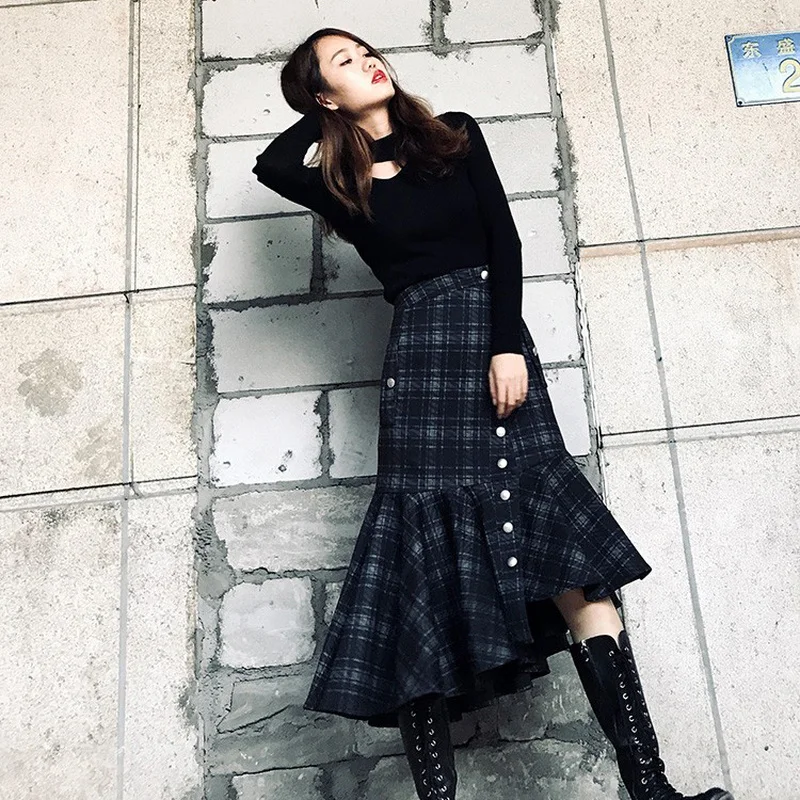 Женская ассиметричная юбка длинная облегающая клетчатая в стиле панк 2019|Женские