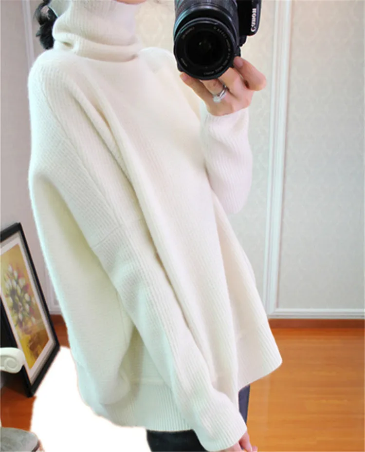 korean style pure cashmere knit women casual batwing sleeve turtleneck loose pullover sweater solid color S-L | Женская одежда