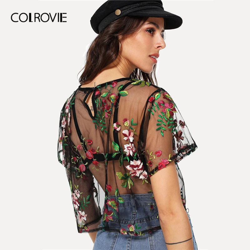 COLROVIE черный Цветочный вышитый прозрачный сетчатый женский короткий топ в стиле бохо без бюстгальтера летняя Праздничная Прозрачная женская блузка рубашка