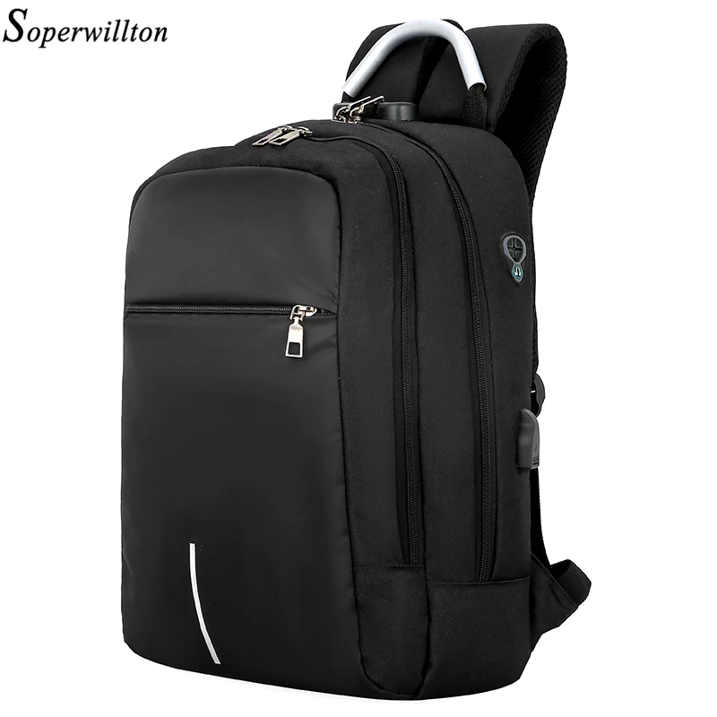 Black Men Backpack Soperwillton рюкзак мужской Для мужчин рюкзак USB для зарядки 15,6 дюймов ноутбук рюкзаки для подростка мужской Mochila отдыха и путешествий рюкзак#1206 - Цвет: Black Men Backpack