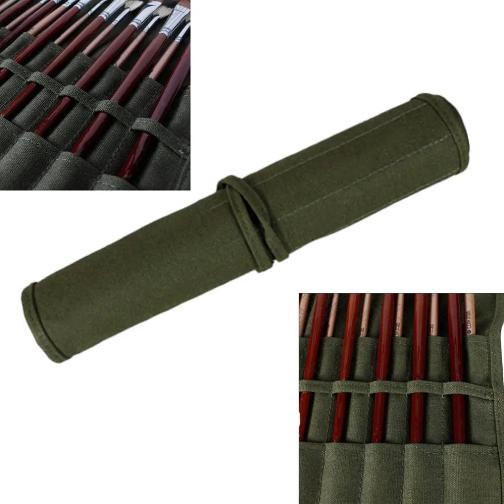 Modern Roll Up Canvas Paint Brush Bag Cases For Artist Draw Pen Watercolor Oil Army Green School Arts Supplies 40*33cm | Канцтовары для