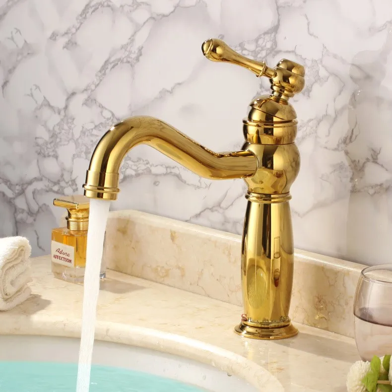 Роскошный Золотой латунный Смеситель для раковины в ванную комнату смеситель