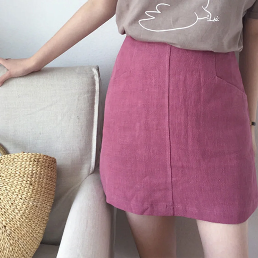 Для женщин летние однотонные Цвет Tight хлопчатобумажная льняная юбка модные