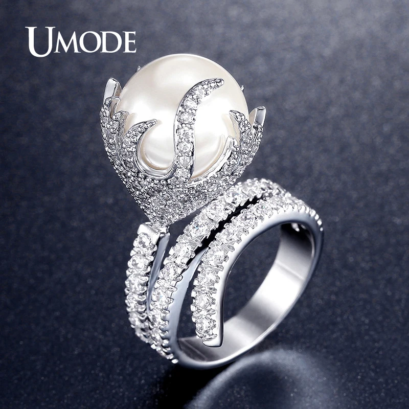 

UMODE Ultra Big Synthetic Pearl Jewelry Fire Shaped Zirconia Rhodium Color Micro Paved Rings for Women New Anel Feminino UR0327