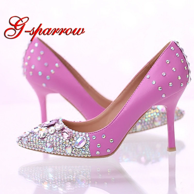 

Gorgeous Pink Color Wedding Shoes with AB Crystal Pointed Toe Party Prom Shoes Handmade Glitter Rhinestone Ceremony Pumps
