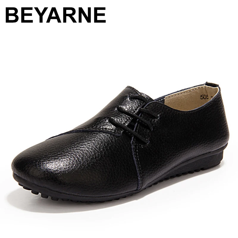 

BEYARNE Women Flats shoes Genuine Leather Shoes Woman Casual Lace Up Round Toe White 2018 New Design Fashion Flats