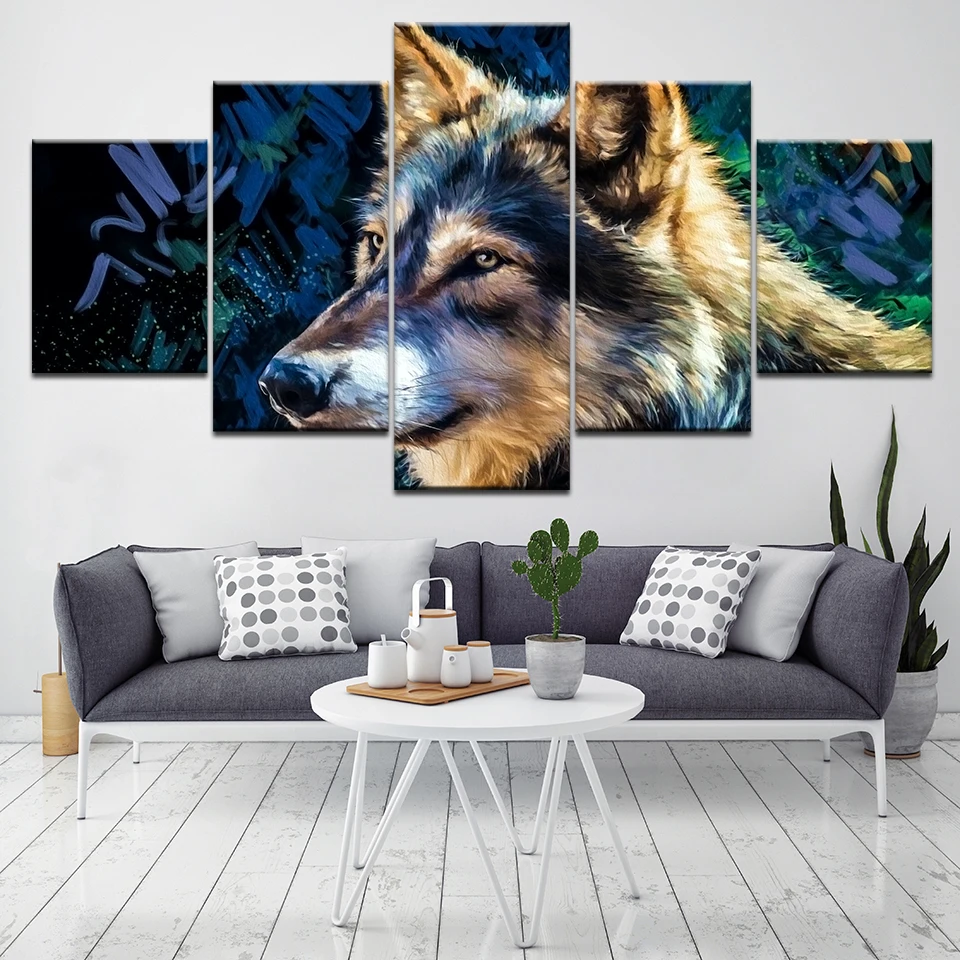 Modular Canvas Living Room Pictures Poster Home Decor 5 Panel Animal Gray Dog Framework HD Printed Modern Painting Wall Art | Дом и сад