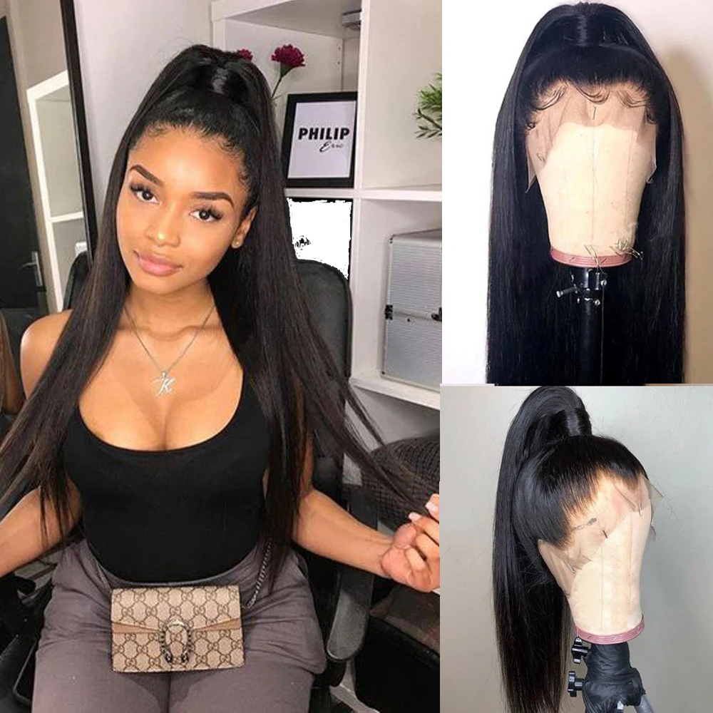 AllRun 360 Lace Frontal Wig Pre Plucked With Baby Hair Remy Human Wigs Brazilian Straight Bang | Шиньоны и парики