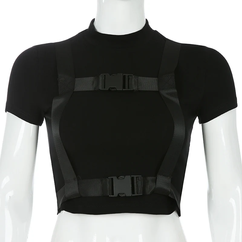 Black T-shirt Darlingaga уличная облегающая укороченная футболка женская короткий рукав Пряжка лоскутный укороченный топ модная летняя футболка тонкие футболки - Цвет: Black T-shirt