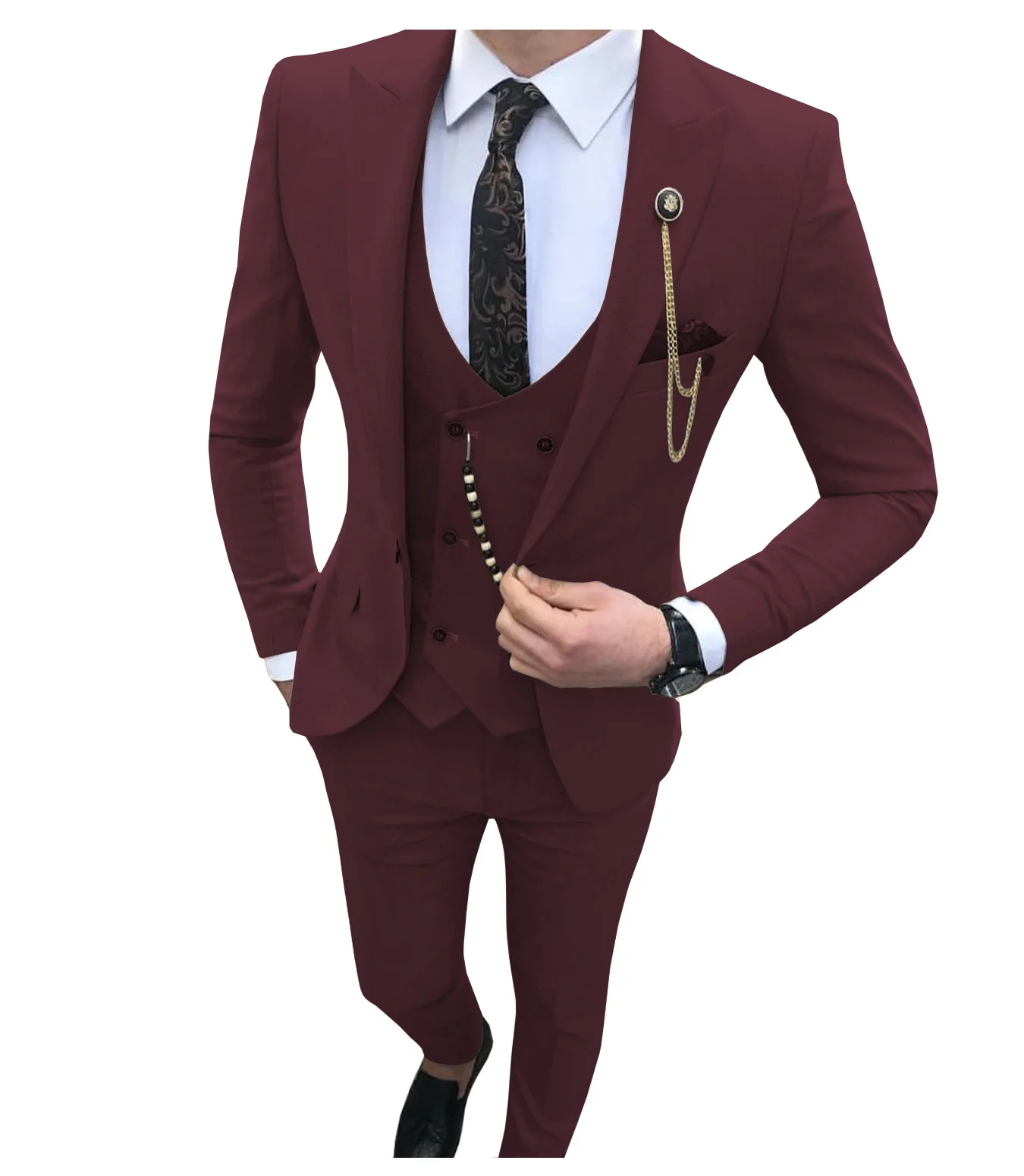 Burgundy Мужские костюмы из 3 предметов, облегающие деловые костюмы для жениха, цвета шампанского, благородные серые белые смокинги для торжественных свадебных костюмов(Блейзер+ брюки+ жилет - Цвет: Burgundy