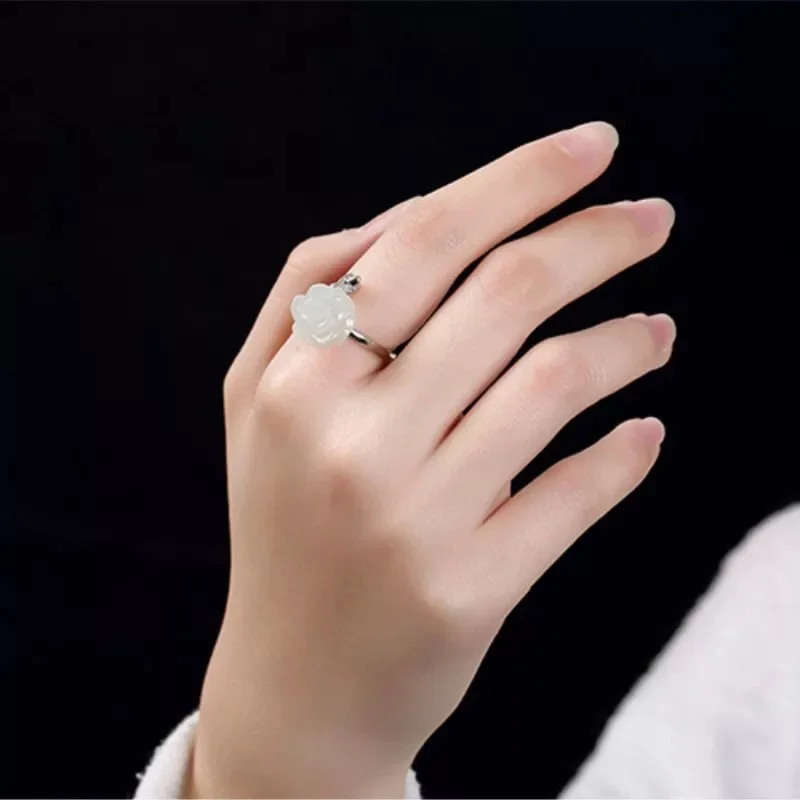 925 pure silver ring women natural and Tian Baiyu rose carving open jade fashion personality temperament jewelry | Украшения и