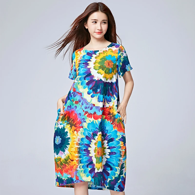 Женское повседневное пляжное платье свободное хлопковое с коротким рукавом и