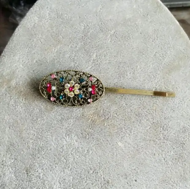 TS019 European and American jewelry Vintage Multicolor crystal alloy oval hollow flower clip hair side Female charm Jewelry | Украшения и
