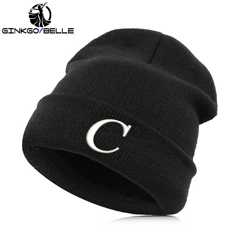 C Шапка-бини, шапка Skullie, зимняя, с вышивкой, в стиле панк, для мужчин и женщин, для подростков, для уличных танцев, алфавит, A-Z, с именем, аббревиатура - Цвет: C