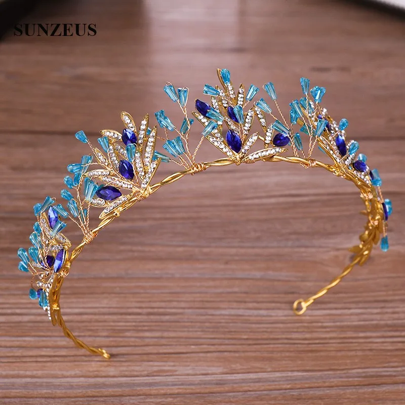 

Gold Color Bridal Tiaras Blue Beads 2023 New Style Princess Birthday Party Headwear Wedding Crowns Marriage Accessory SQ0327