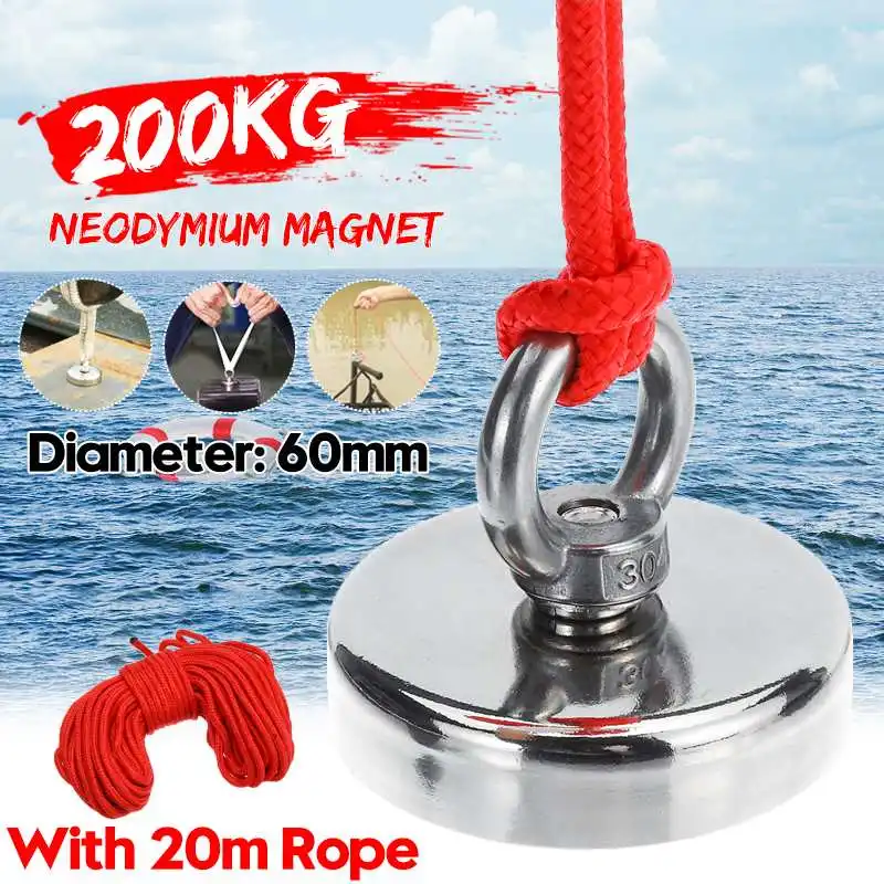 200 кг D60mm мощный круглый неодимовый магнит крюк спасательный магнит оборудование для морской рыбалки держатель Тяговый монтаж горшок+ веревка