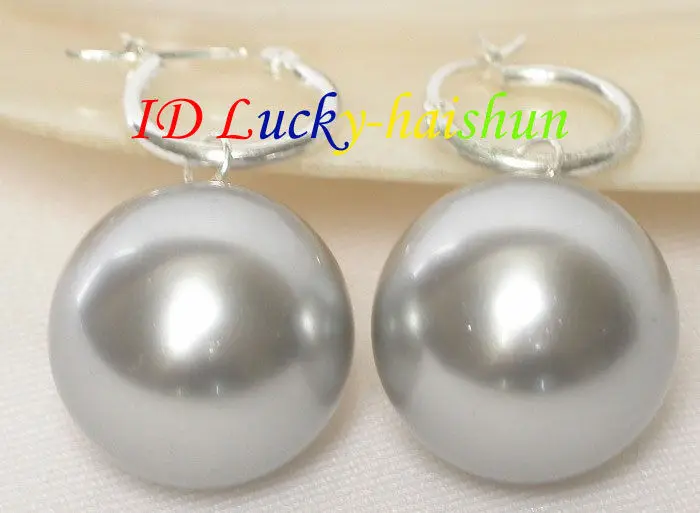 

Free shipping hot sale Women Bridal Wedding Jewelry >>AAA Dangle 16mm silver gray round sea shell pearls earring 925sc j7883