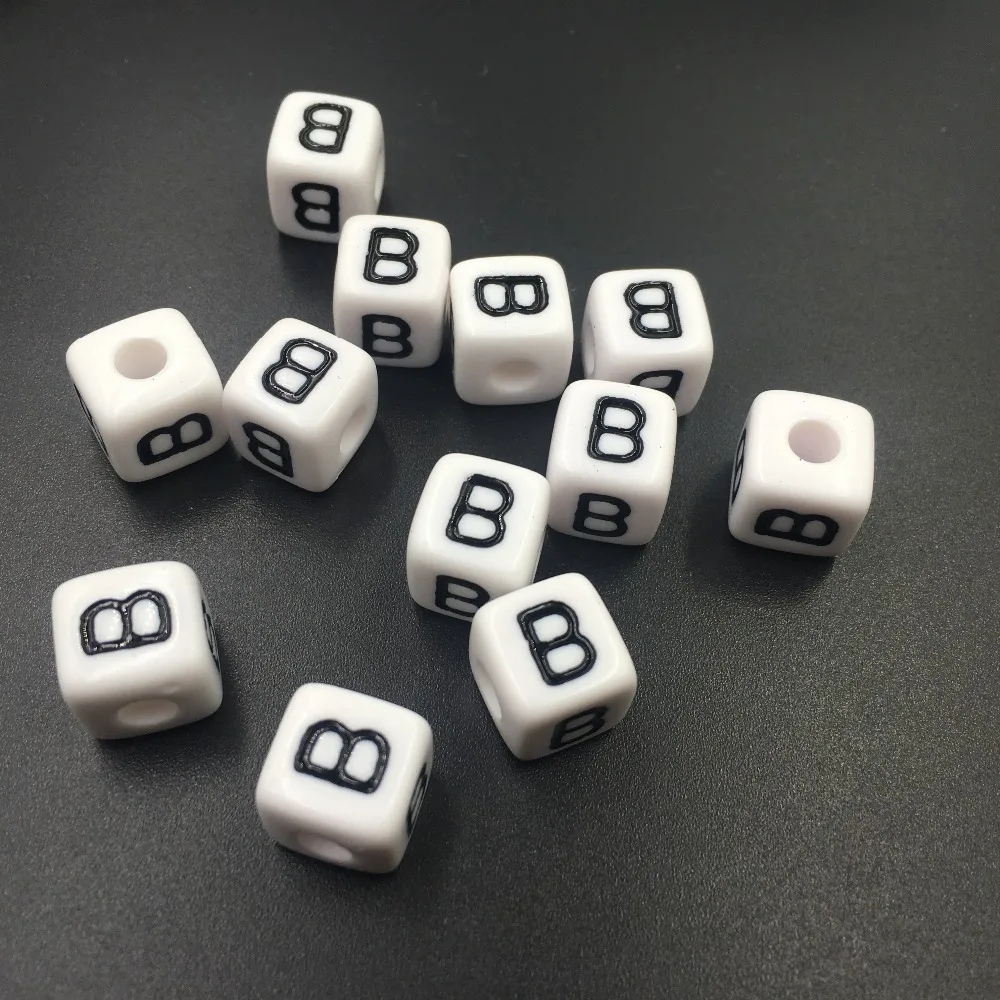 

Wholesale 10*10MM Black Single Letter B Printing Cube Alphabet Beads Acrylic Plastic Square English Initial Beads for DIY 550PCS