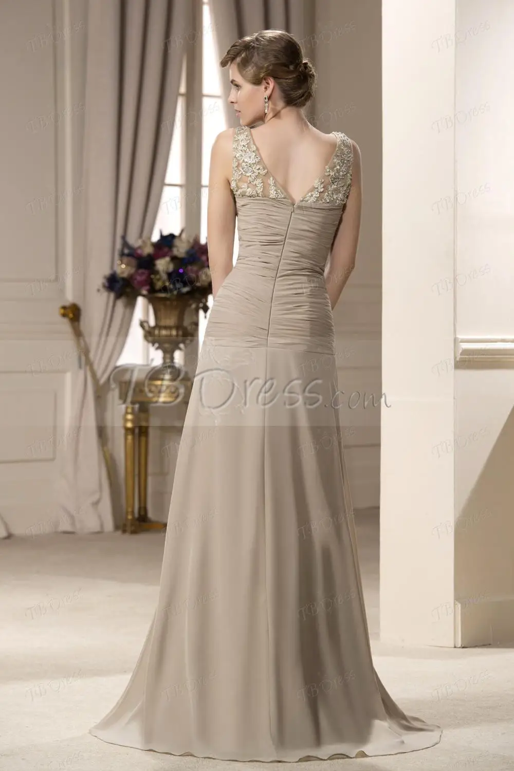fashion 2015-Charming Sheath/Column Pleated Applique Beading Lace Floor-length V-Neck Mother of the Bride Dress | Свадьбы и
