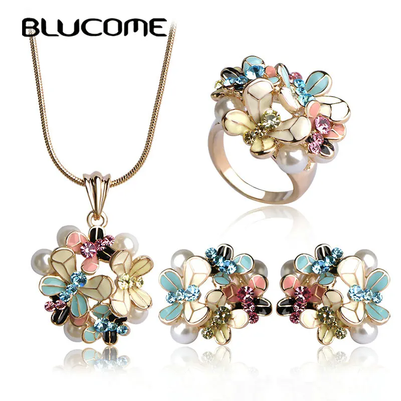 Женский комплект из колье серёг и кольца Blucome синий с искусственным жемчугом