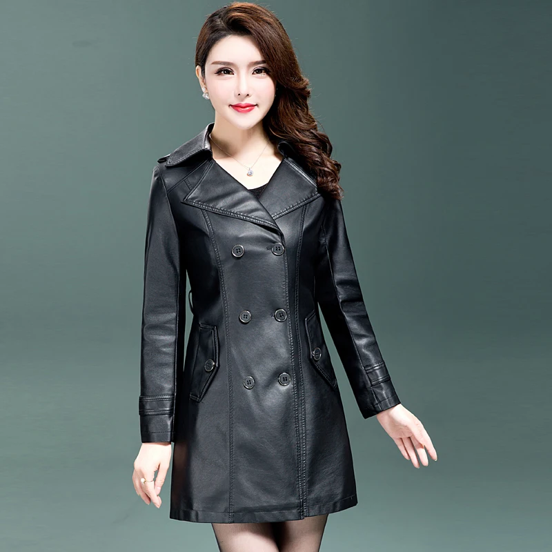 2018 весенние новые женские длинные кожаные куртки элегантные обтягивающие пальто