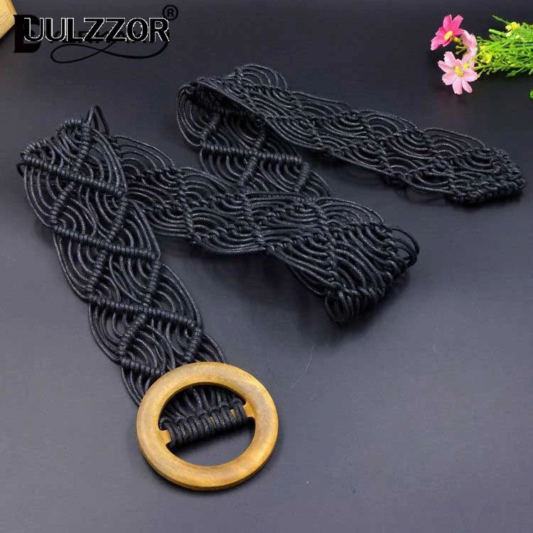 UULZZOR Воск Веревка вязаный пояс круглая деревянная Пряжка Boho женский ремень Простой Harajuku твердые трикотажные ремни для Женская тканая лента - Цвет: Black