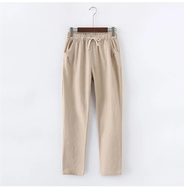 beige 13 цветов женские брюки новые хлопковые льняные летние брюки с эластичной высокой талией корейские Капри легкие шаровары размера плюс - Цвет: beige