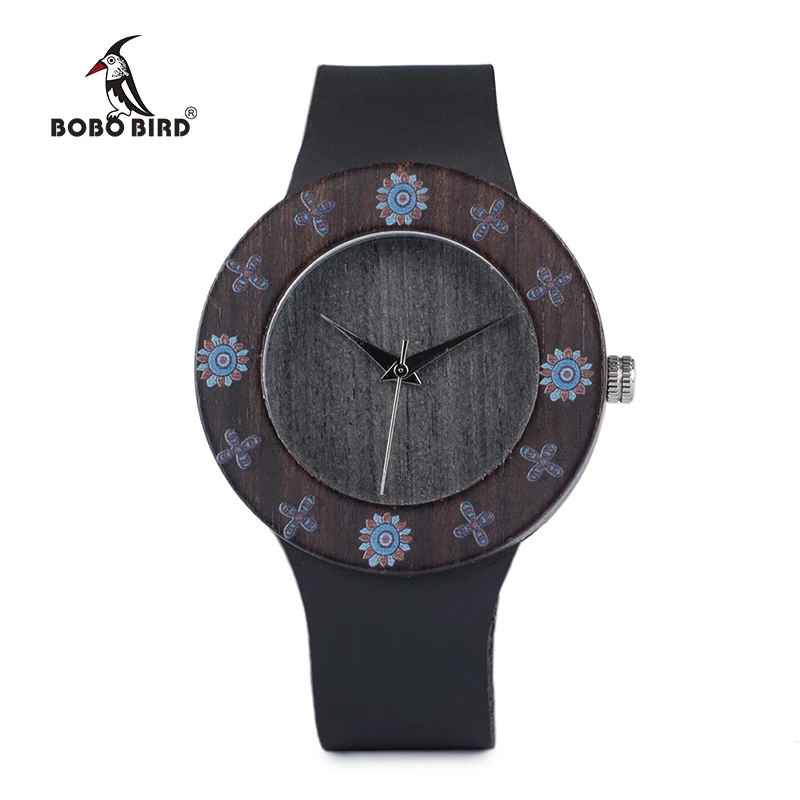 BOBO BIRD WD25 Womens Ebony Vintage Wooden Watch Ladies UV Print Flower Wood Watches Customize Gift Box | Наручные часы