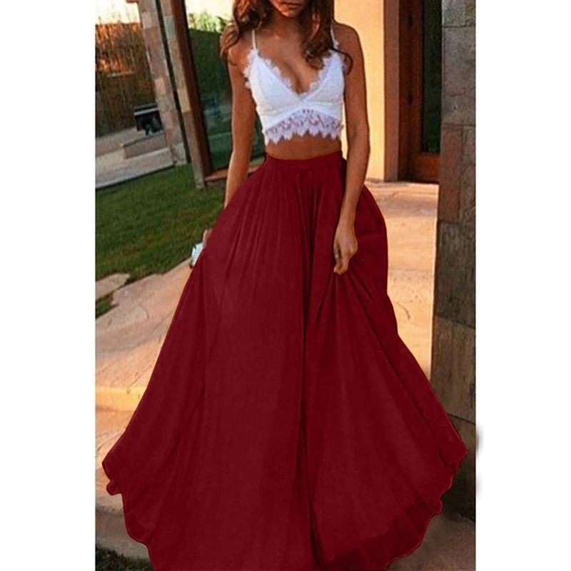 

Spring Chiffon Women Long Skirts Elastic Waist Double Ladies Swing Skirt Solid Ladies Chiffon Long Skirt Female Party Skirts