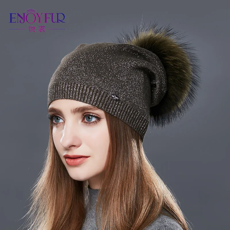Enjoyfur из натурального меха енота Pom Hat женские шерстяные вязаные шапки зимние для
