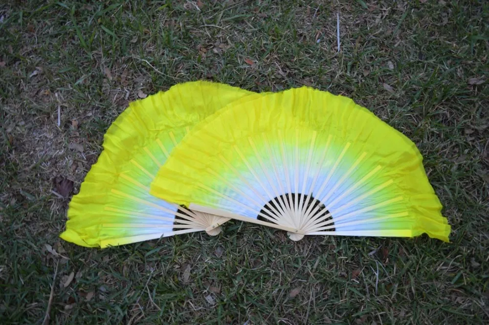 

Женский Шелковый веер для танца живота, дешевый двойной короткий веер из шелка с переходом от белого до желтого цвета, 2016